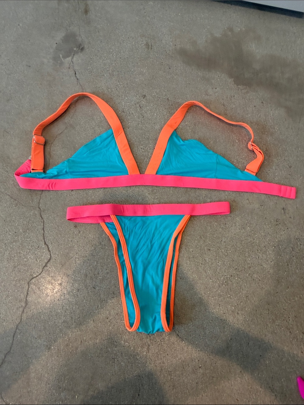 ONEONE swim sz Small Turquoise Bikini Set with Neon Pink and Orange color block
